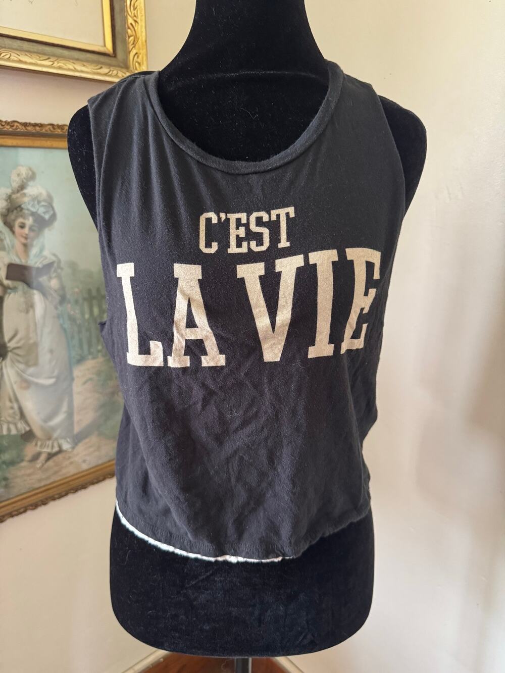 100 Percent Cotton C’est La Vie Black Graphic Crop Tank Top Sleeveless Small